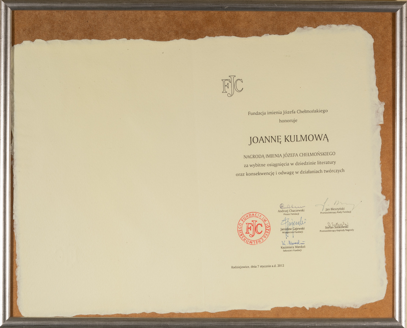 Dyplom Fundacji im. Józefa Chełmońskiego dla Joanny Kulmowej